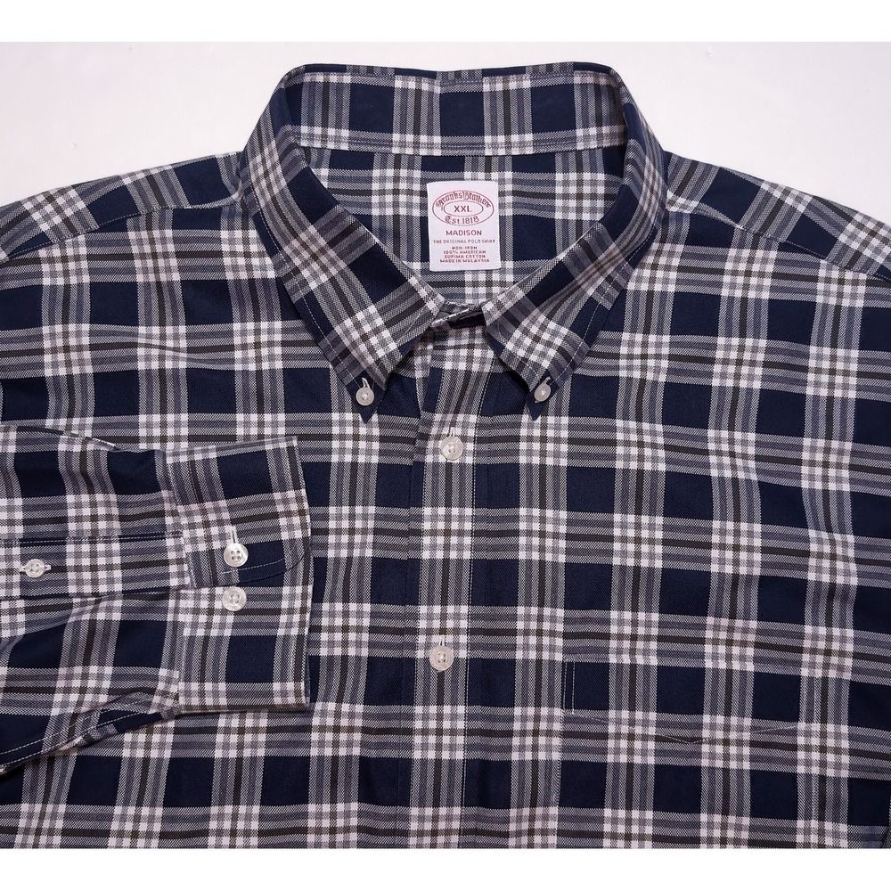 BROOKS BROTHERS Button Down Mens XXL Navy Blue Excellent Madison Plaid Non-Iron